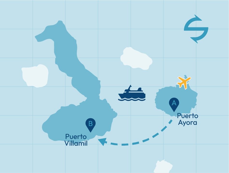 Mapa del trayecto en ferry de Santa Cruz a Isabela, Galápagos