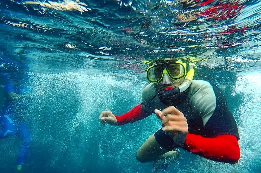 Turistas practicando snorkel con peces tropicales en León Dormido